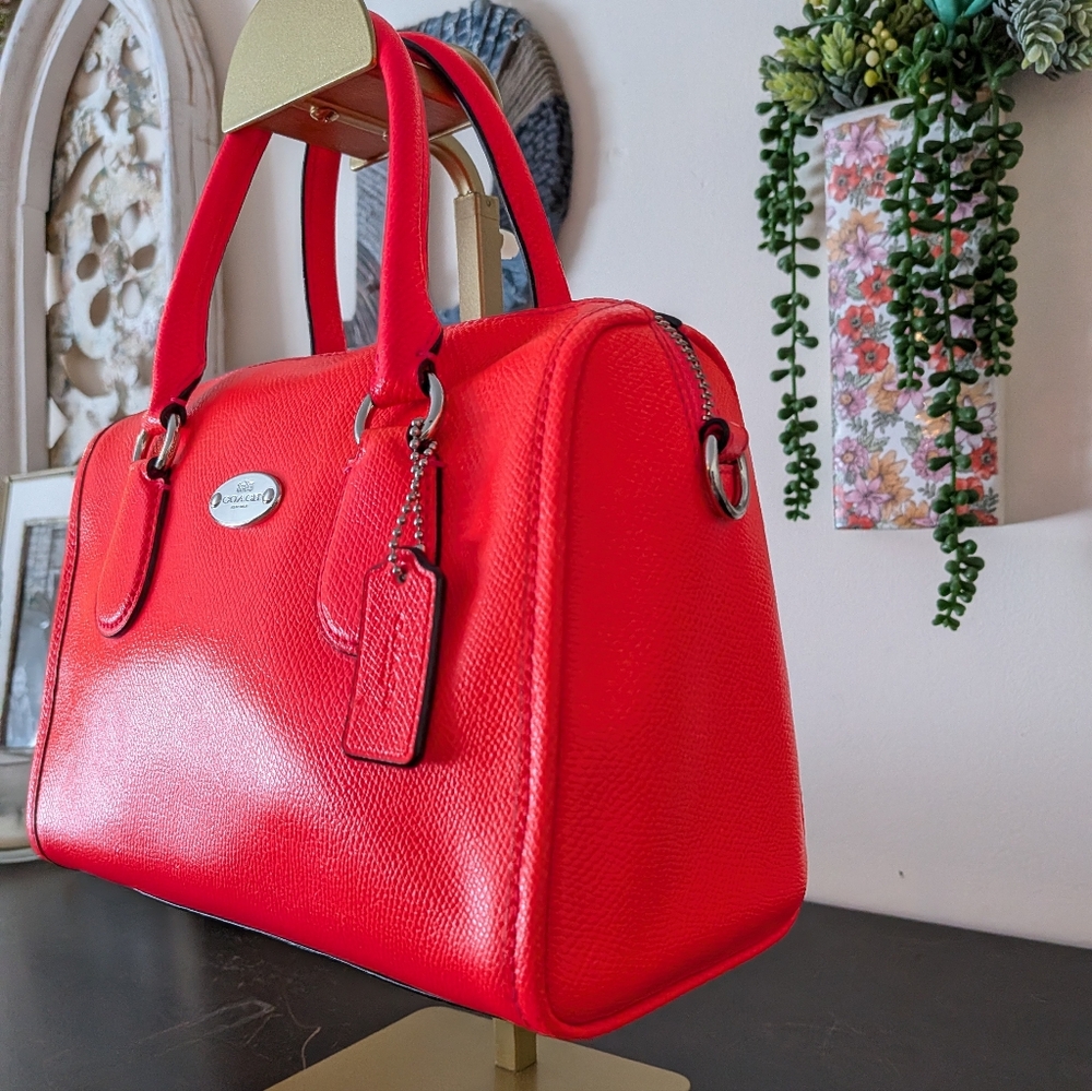COACH Bennett Mini Satchel in Neon Orange Crossgrain Leather - Picture 2 of 11